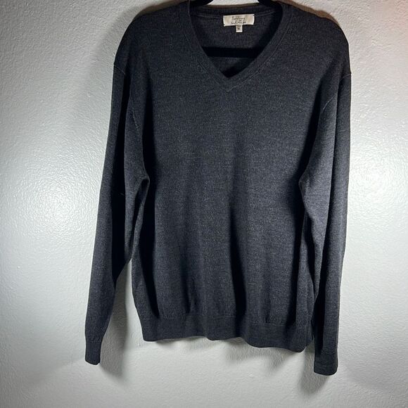 Turnbury Men's V-Neck Long Sleeve Vintage Extra Fine Merino Wool Sweater Gray XL - Picture 1 of 8